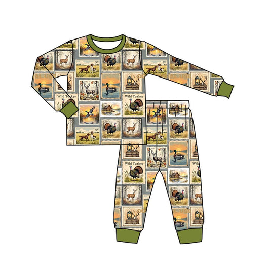 preorder BLP1233  Stamp Photo Army Green Long-Sleeved Pants Boys Pajamas Set 202508