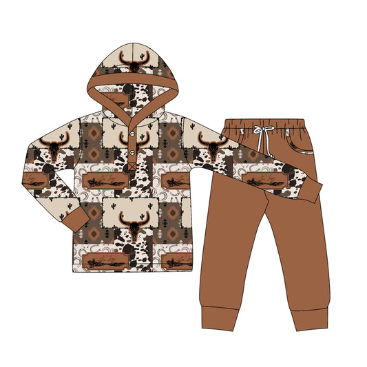 preorder BLP1238 Cowboy Highland Cattle Brown Hooded Long-Sleeved Pants Boys Set 202508