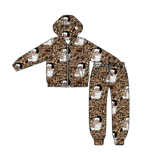 preorder BLP1252 Christmas Santa Claus Brown Camouflage Zipper Up Hooded Long-Sleeved Pants Boys Set 202508