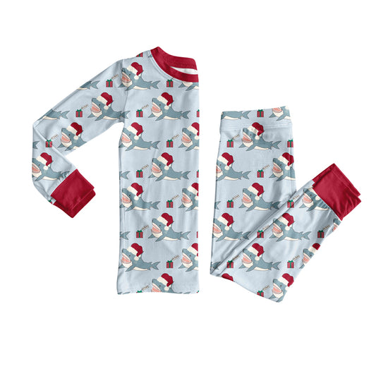 preorder BLP1258 Christmas Shark Gift Blue Long-Sleeved Pants Boys Pajamas Set 202508