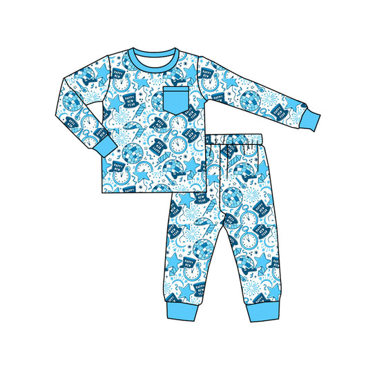preorder BLP1259 Happy New Year Blue Long-Sleeved Pants Boys Pajamas Set 202508