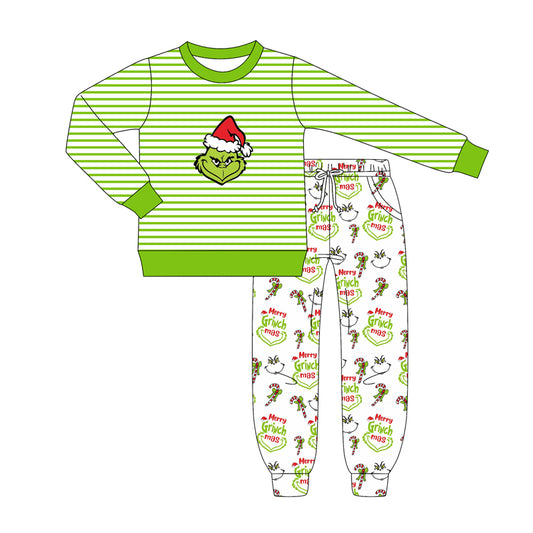 MOQ 5 preorder BLP1262 Christmas Grinch Green Stripe Long-Sleeved Pants Boys Set 202508
