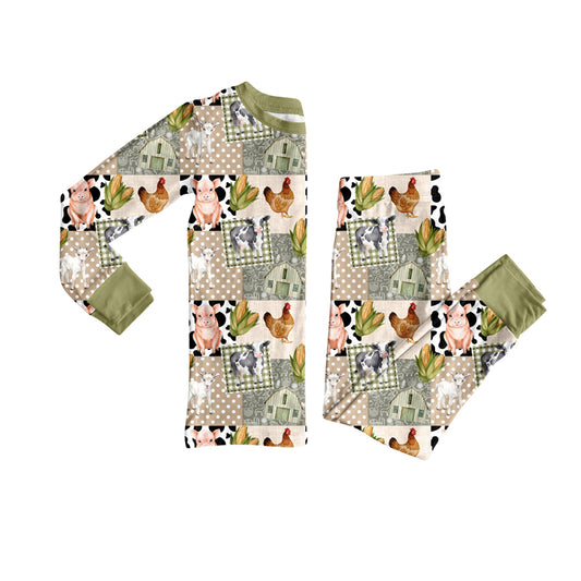 MOQ 8 preorder BLP1272  Chicken Pig Farm Animals Long-Sleeved Pants Boys Pajamas Set 202509