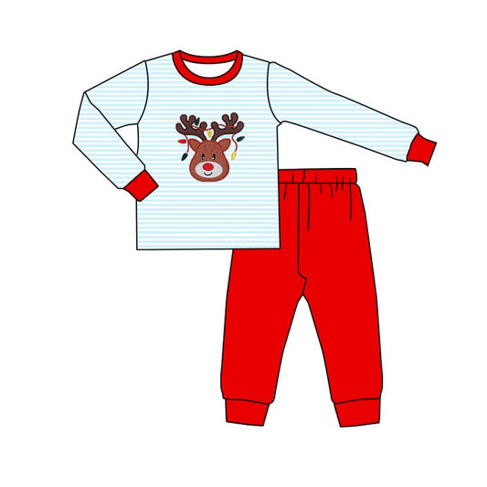 MOQ 8 preorder BLP1275 Christmas Deer Stripe Long-Sleeved Red Pants Boys Set 202509
