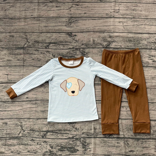 NO MOQ Preorder BLP1283 Embroidered Valentine's Day Cute Puppy Stripe Long Sleeve Pants Boys Set 202511 Sibling
