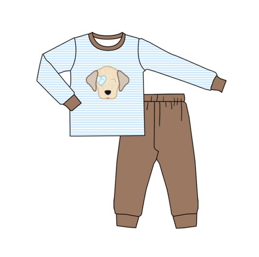 MOQ 8 Preorder BLP1283 Valentine's Day Cute Puppy Stripe Long Sleeve Pants Boys Set 202509 Sibling