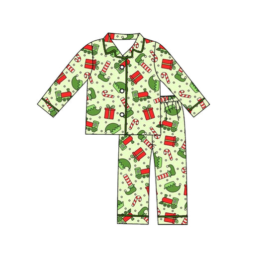 MOQ 8 Preorder BLP1285 Chrostmas Cane Green Polo Button Long Sleeve Pants Boys Pajamas Set 202509
