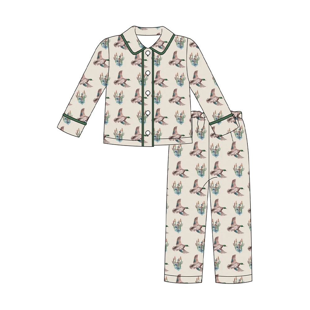 MOQ 8 Preorder BLP1290 Christmas Duck Hunting Polo Button Long Sleeve Pants Boys Pajamas Set 202509 Sibling