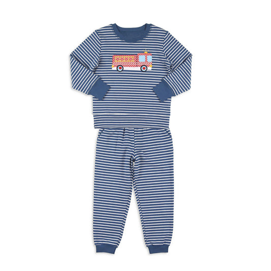 MOQ 8 preorder BLP1297 Fire Engine Navy Striped Long Sleeve Pant Boys Set 202509