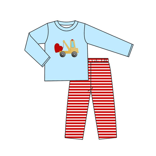 MOQ 8 preorder BLP1303 Valentine's Day Love Truck Long Sleeve Top Red Stripe Pant Boys Set 202509