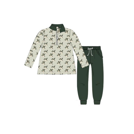 MOQ 8 preorder BLP1309 Duck Hunting Gray Green Zip up Collar Long Sleeve Top Pant Boys Set 202510