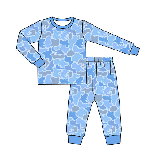 MOQ 8 preorder BLP1312 Fishing Camouflage Blue Long Sleeve Top Pant Boys Pajamas Set 202510
