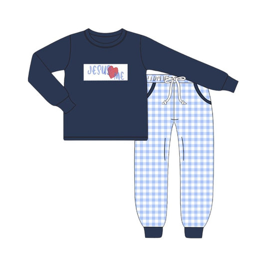 MOQ 8 preorder BLP1313 Valentine's Day Jesus Love Me Navy Long Sleeve Top Plaid Pant Boys Set 202510