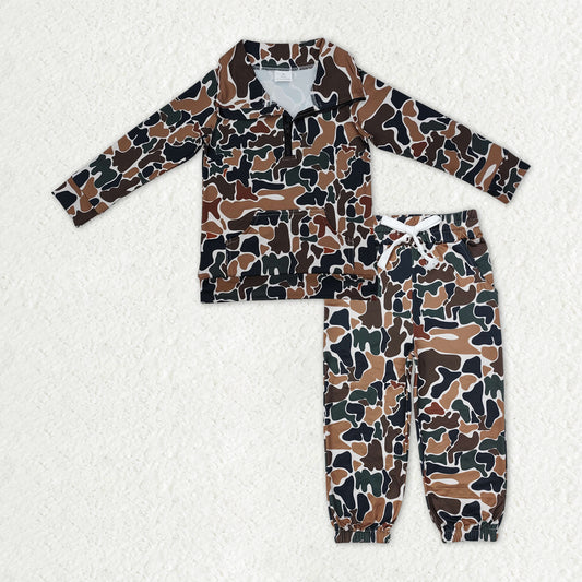 BLP1318 Brown Green Camouflage Zip up Collar Pocket Long-Sleeved Pants Boys Set 202510 RTS