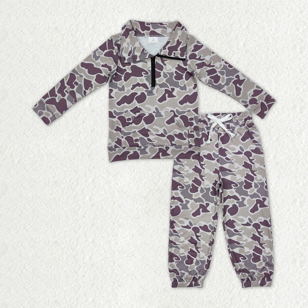 BLP1320 Gray Brown Camouflage Zip up Collar Pocket Long-Sleeved Pants Boys Set 202510 RTS