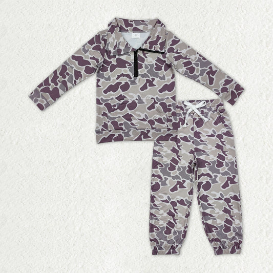 BLP1320 Gray Brown Camouflage Zip up Collar Pocket Long-Sleeved Pants Boys Set 202510 RTS