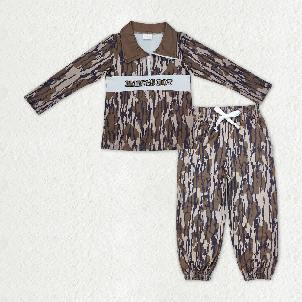 BLP1322 Embroidered MAMA'S BOY Army Green Camouflage Zip up Collar Long-Sleeved Pants Boys Set 202510 RTS