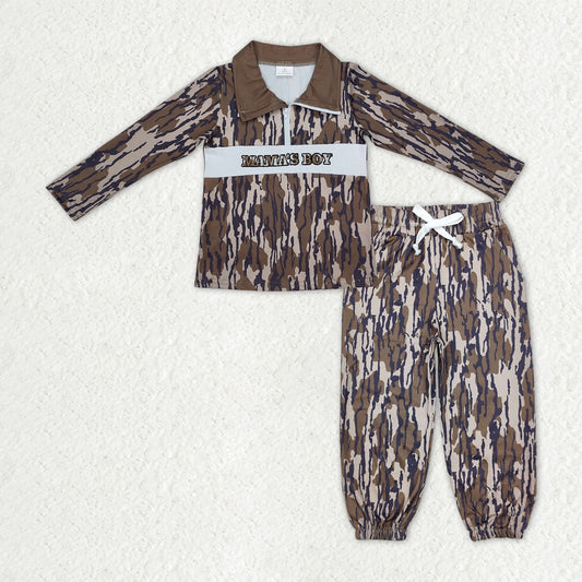 BLP1322 Embroidered MAMA'S BOY Army Green Camouflage Zip up Collar Long-Sleeved Pants Boys Set 202510 RTS