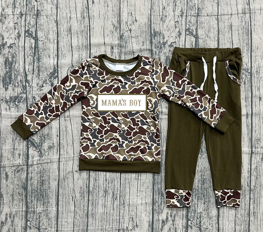 NO MOQ preorder BLP1330 Embroidered MAMA'S BOY Army Green Camouflage Long Sleeve Top Pant Boys Set 202510