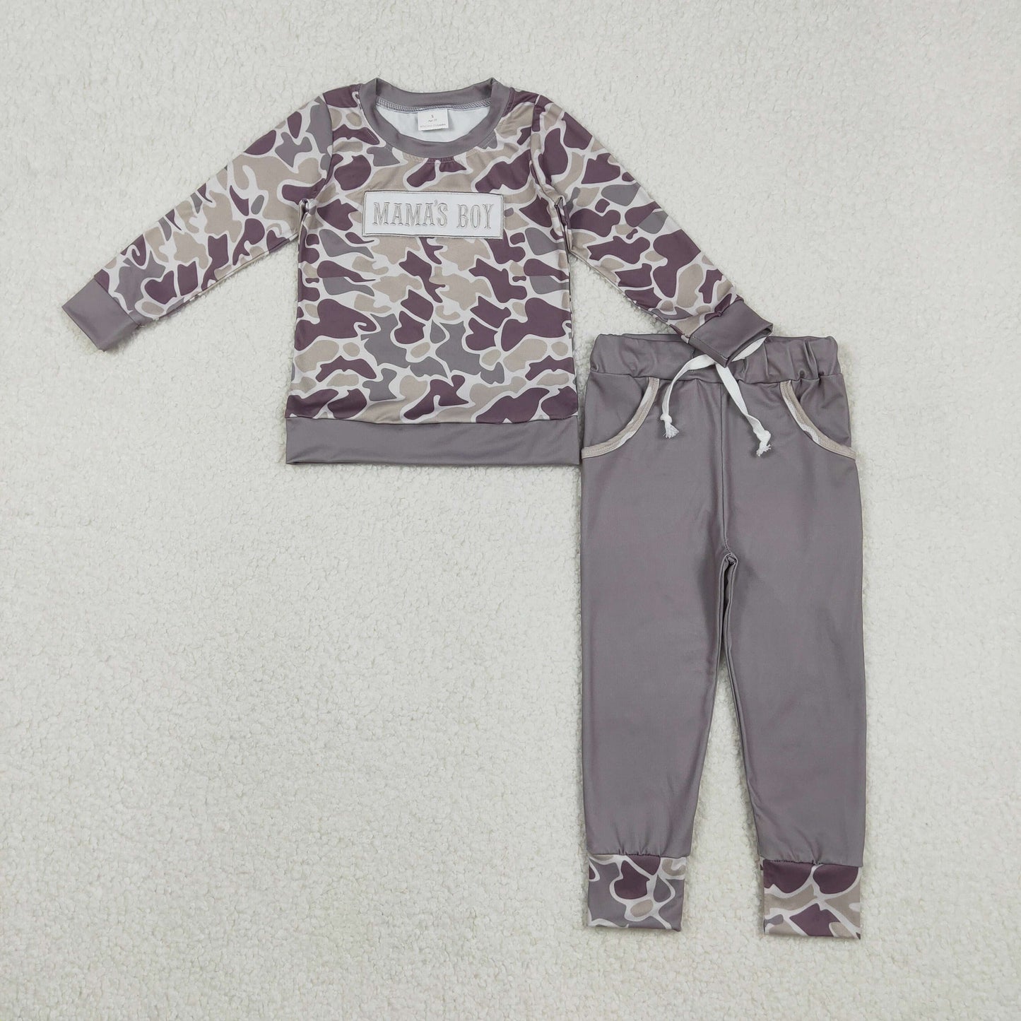 BLP1333 Embroidered MAMA'S BOY Gray Camouflage Long Sleeve Top Pant Boys Set 202511 RTS