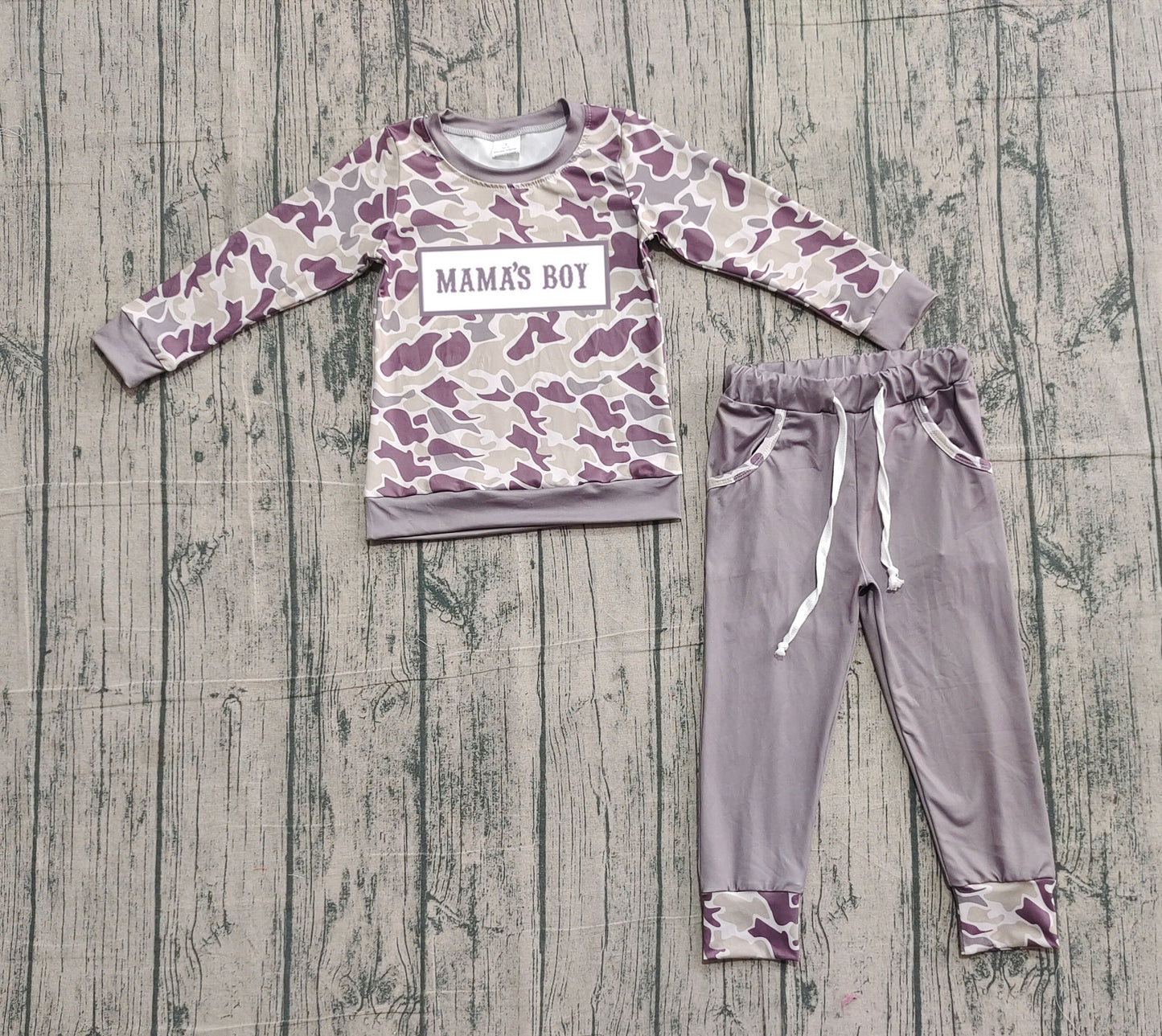 NO MOQ preorder BLP1333 Embroidered MAMA'S BOY Gray Camouflage Long Sleeve Top Pant Boys Set 202510