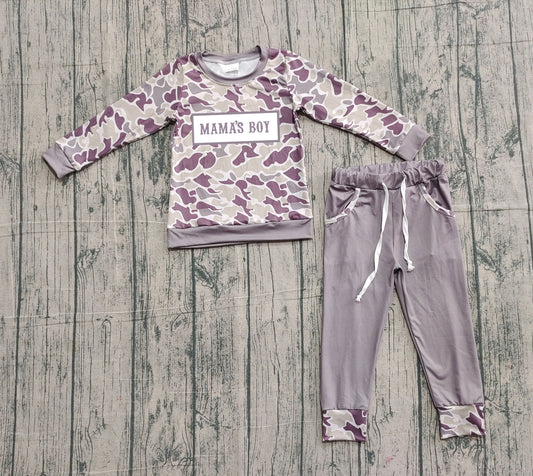 NO MOQ preorder BLP1333 Embroidered MAMA'S BOY Gray Camouflage Long Sleeve Top Pant Boys Set 202510