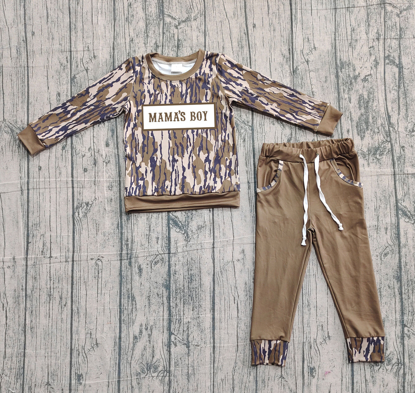 NO MOQ preorder BLP1334 Embroidered MAMA'S BOY Army Green Leaf Camouflage Long Sleeve Top Pant Boys Set 202510