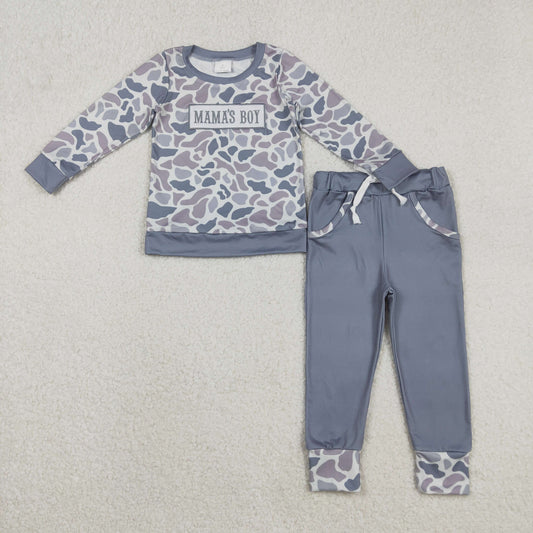 BLP1335 Embroidered MAMA'S BOY Gray Blue Camouflage Long Sleeve Top Pant Boys Set 202511 RTS