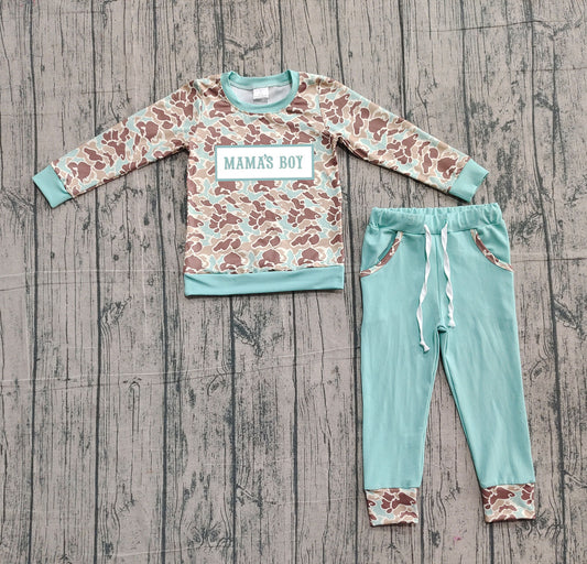 NO MOQ preorder BLP1336 Embroidered MAMA'S BOY Green Camouflage Long Sleeve Top Pant Boys Set 202510