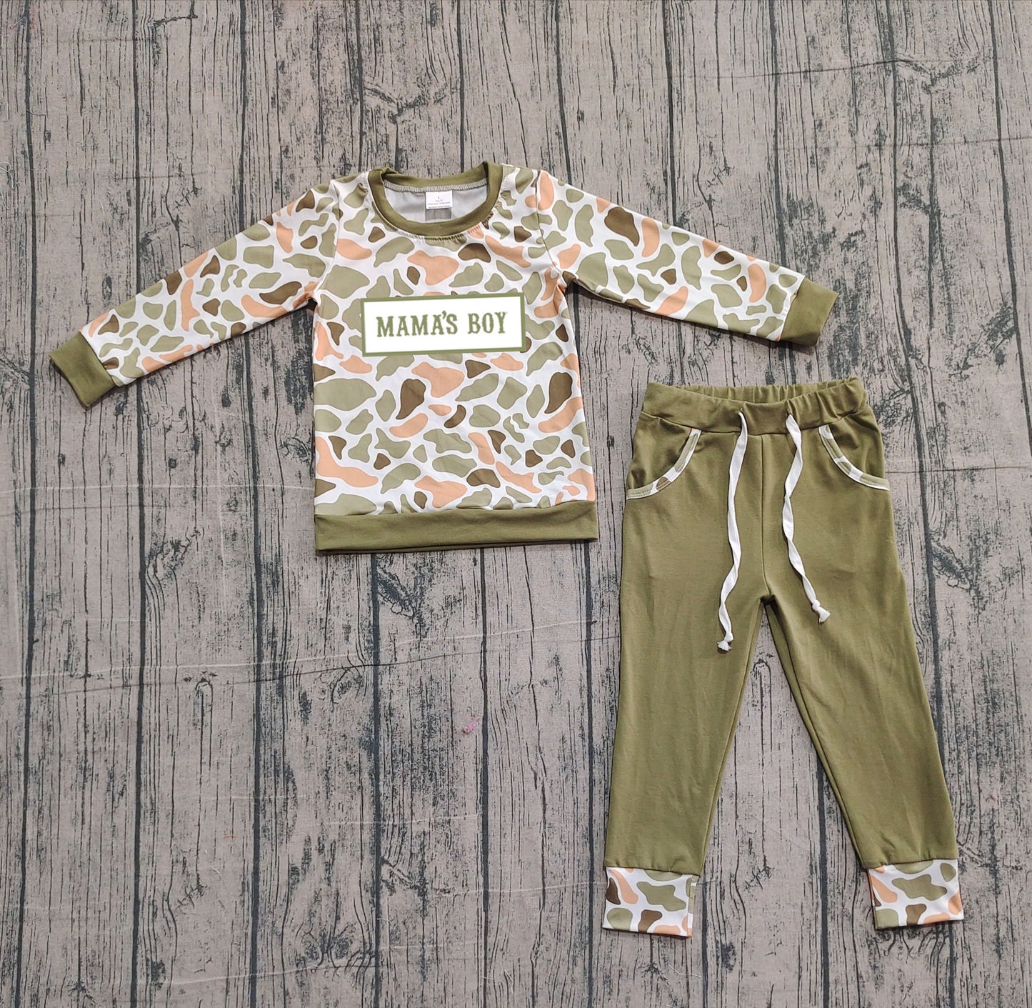 NO MOQ preorder BLP1339 Embroidered MAMA'S BOY Yellow Green Camouflage Long Sleeve Top Pant Boys Set 202510