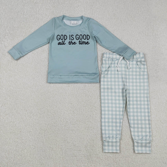 BLP1345 God is Good all the time Blue Green Long Sleeve Top Pant Boys Set 202512 RTS
