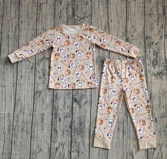 NO MOQ preorder BLP1346 Baseball Smile Face Beige Brown Long Sleeve Top Pant Boys Pajamas Set 202510