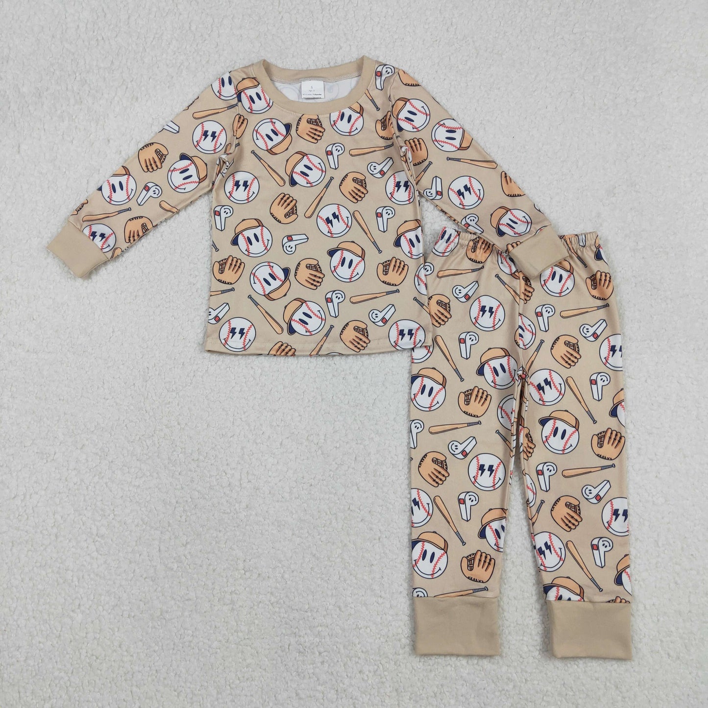 BLP1346 Baseball Smile Face Beige Brown Long Sleeve Top Pant Boys Pajamas Set 202511 RTS