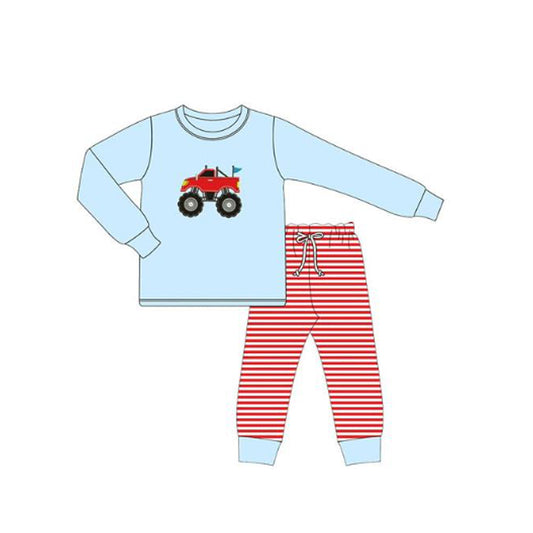 MOQ 5 preorder BLP1348 Jeep Off-Road Vehicle Blue Long Sleeve Top Red Stripe Pant Boys Set 202510