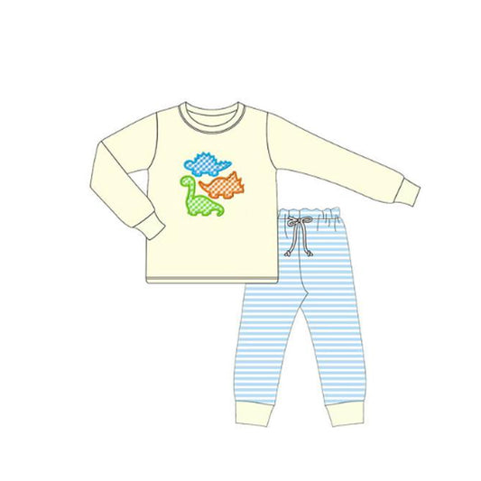 MOQ 5 preorder BLP1349 Dinosaur Beige Yellow Long Sleeve Top Blue Stripe Pant Boys Set 202510