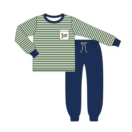MOQ 5 preorder BLP1351 Duck Hunting Pocket Green Stripe Blue Long Sleeve Top Pant Boys Set 202510