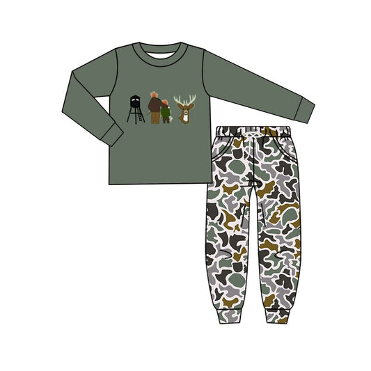 MOQ 5 preorder BLP1352 Deer Hunting Gray Green Long Sleeve Top Camo Pant Boys Set 202510