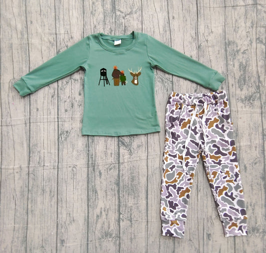 NO MOQ preorder BLP1352 Embroidered Deer Hunting Gray Green Long Sleeve Top Camo Pant Boys Set 202511