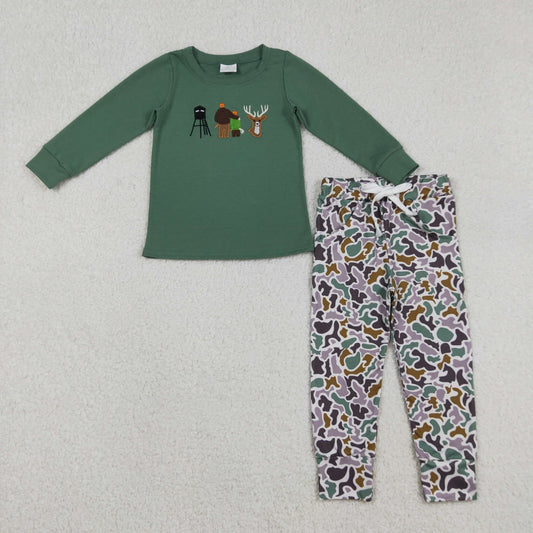 BLP1352 Embroidered Deer Hunting Gray Green Long Sleeve Top Camo Pant Boys Set 202512 RTS