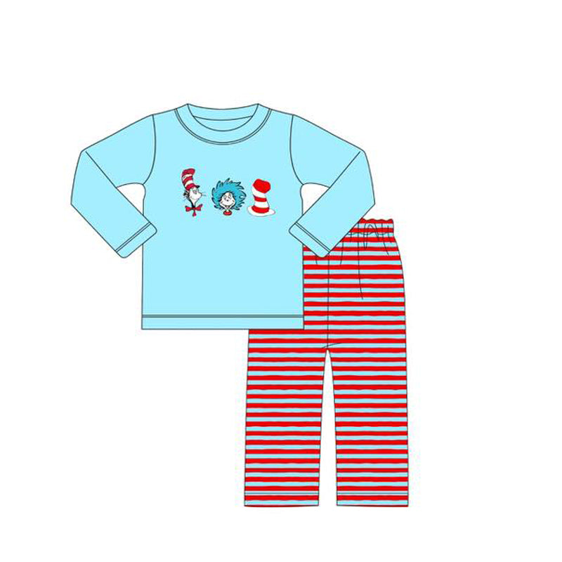 MOQ 5 preorder BLP1354 Dr Seuss Blue Long-Sleeved Red Striped Pant Boys Set 202510