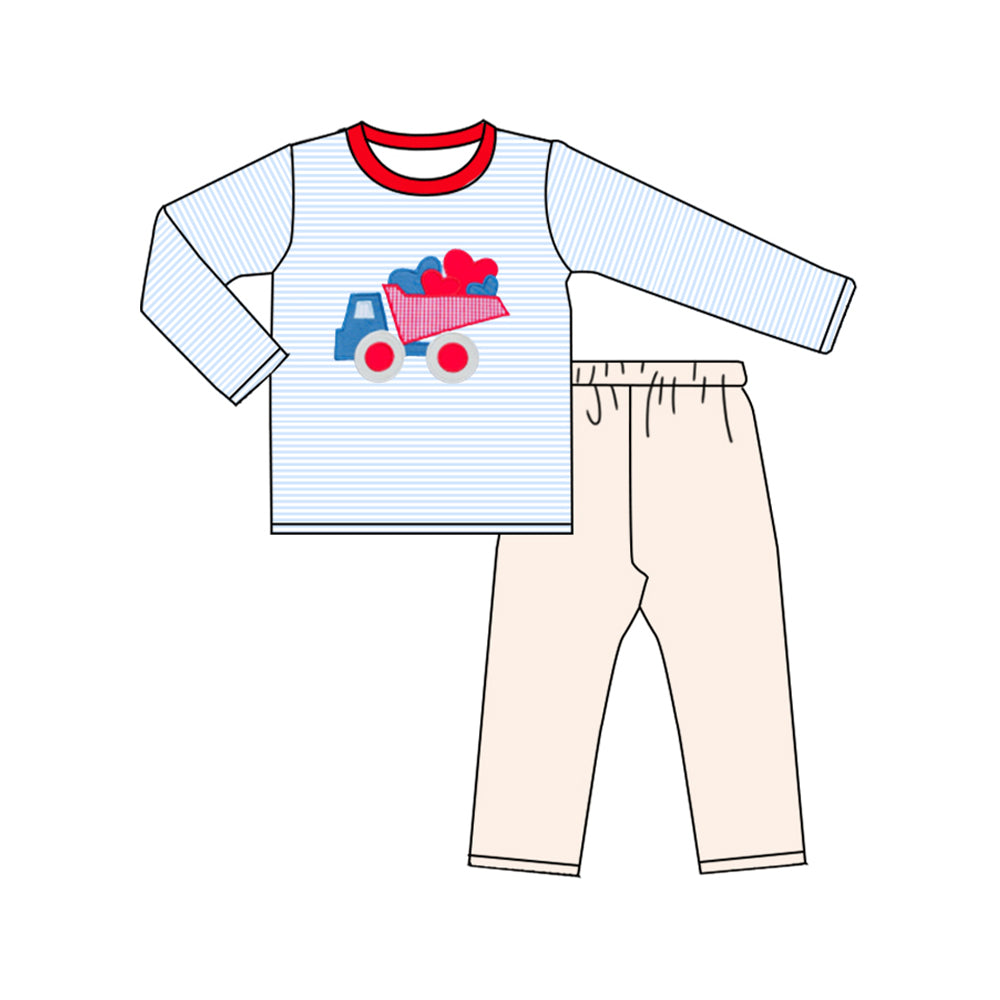 MOQ 5 preorder BLP1360 Valentines Day Love Truck Blue Stripe Long-Sleeved Beige Pants Boys Set 202510