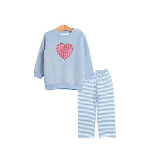 MOQ 5 preorder BLP1361 Valentines Day Red Plaid Love Blue Long-Sleeved Pants Boys Sets 202510