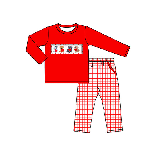 MOQ 5 preorder BLP1373 Valentines Day Puppy Love Red Long-Sleeved Plaid Pants Boys Sets 202510