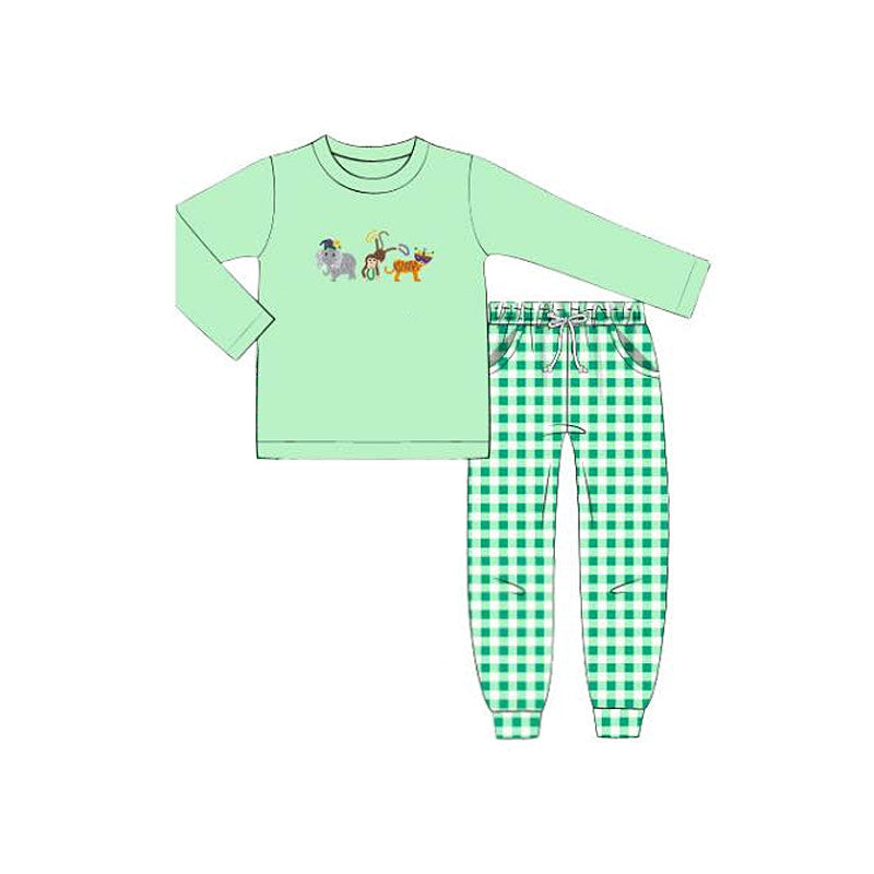 MOQ 5 PCS preorder BLP1377 Mardi Gras Elephant Monkey Animal Green Long-Sleeved Plaid Pants Boys Sets 202511