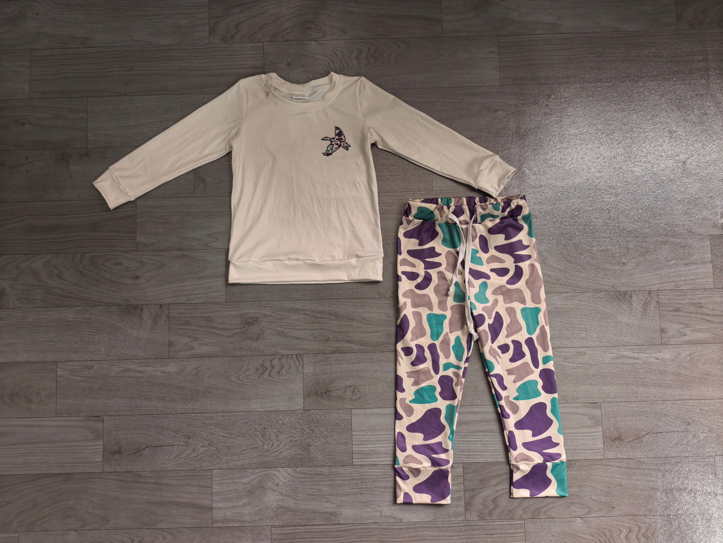 NO MOQ Preorder BLP1378 Duck Hunting White Long-Sleeved Camouflage Pants Boys Sets 202606