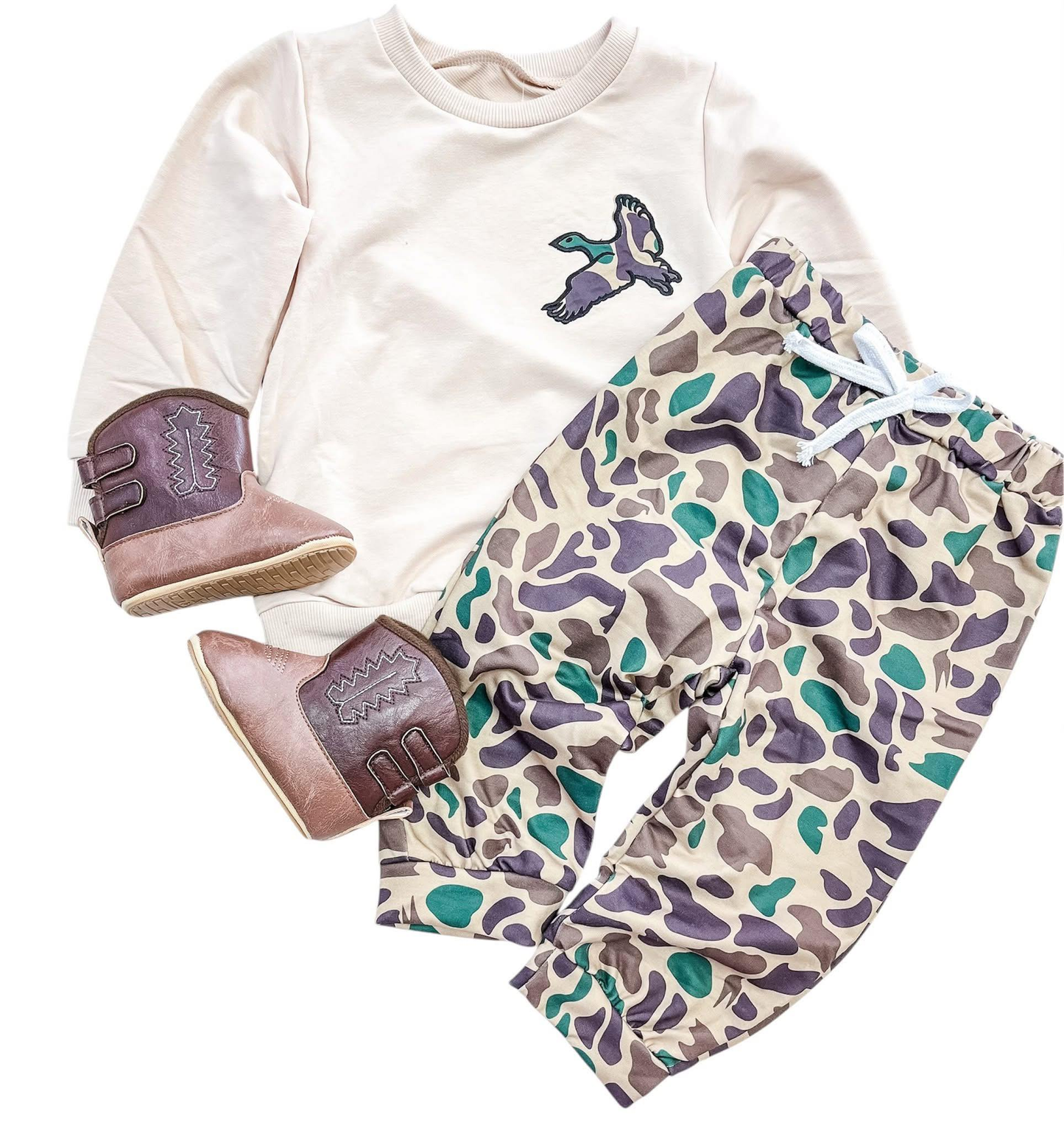 MOQ 5 PCS preorder BLP1378 Duck Hunting White Long-Sleeved Camouflage Pants Boys Sets 202511