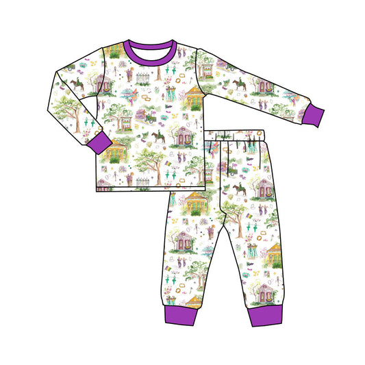 MOQ 5 PCS preorder BLP1389 Mardi Gras House Trees Long-Sleeved Pants Boys Pajama Set 202511