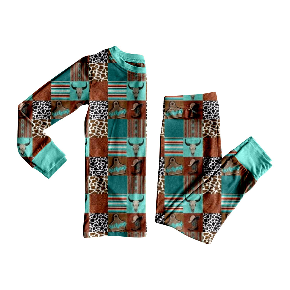 MOQ 5 PCS preorder BLP1391 Highland Cow Boots Brown Plaid Long-Sleeved Pants Boys Pajama Set 202511