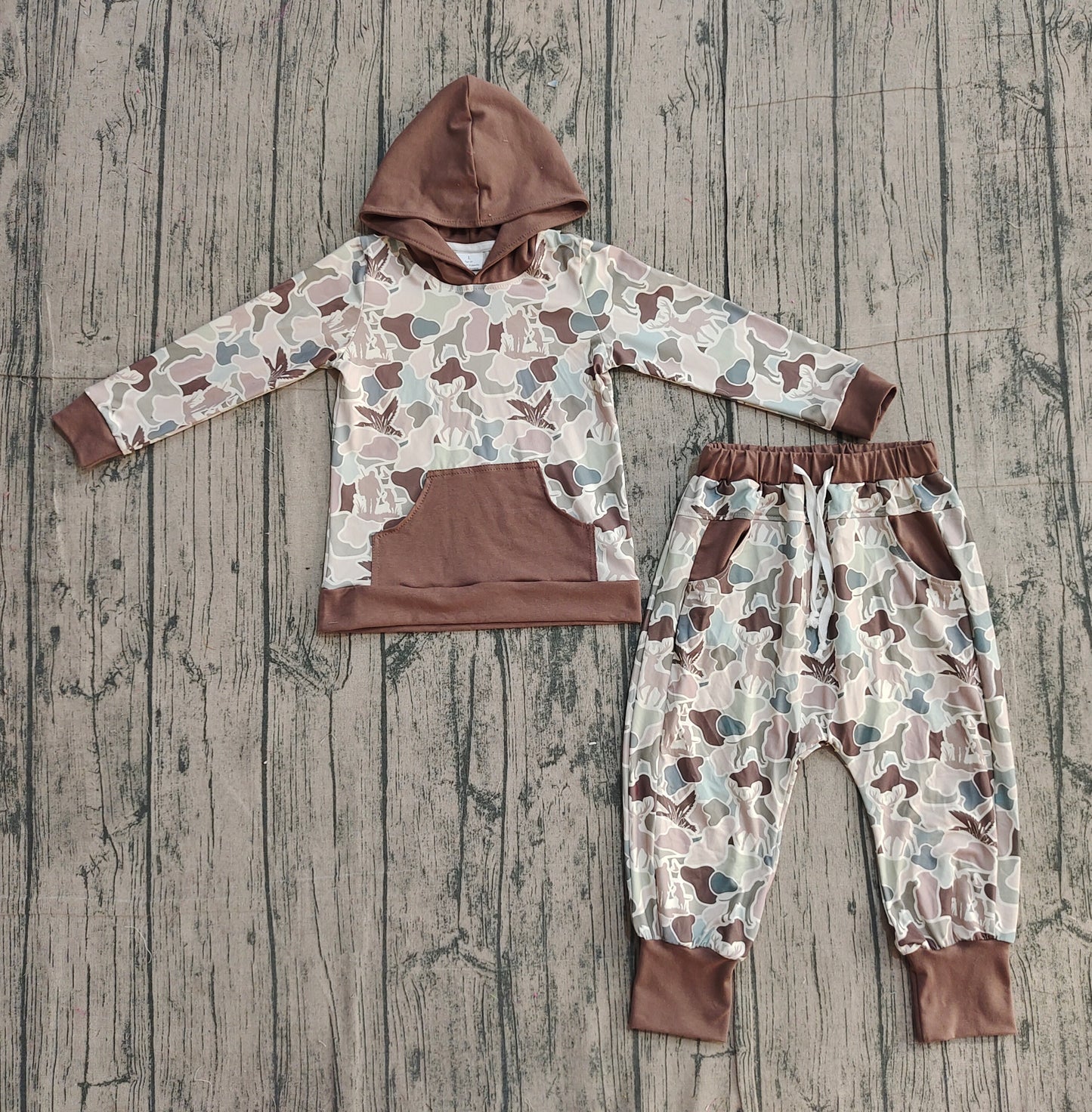 NO MOQ preorder BLP1403 Puppy Duck Hunting Camouflage Brown Pocket Hooded Long-Sleeved Pants Boys Sets 202512