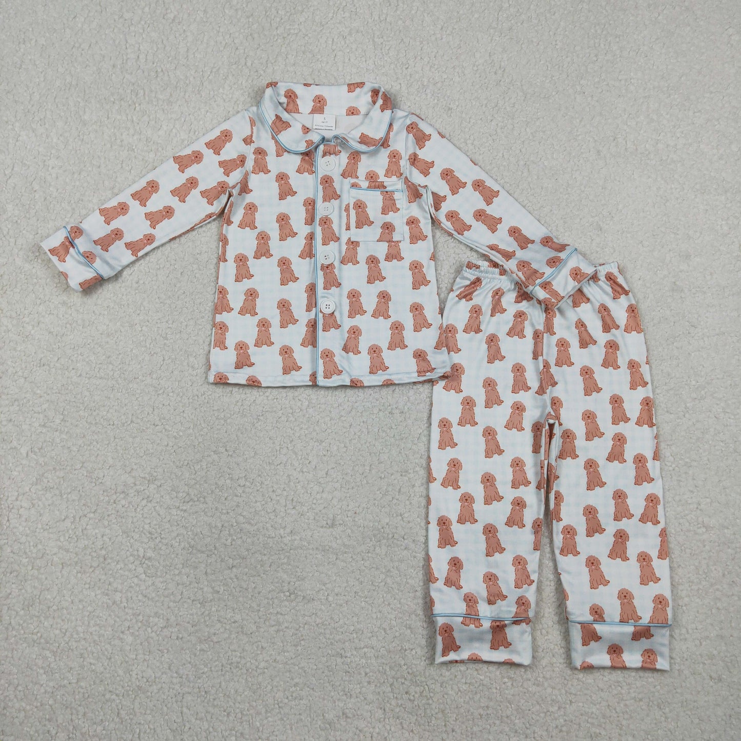 BLP1408 Puppy Blue Plaid Buttons Long-Sleeved Pants Boys Pajama Set 202602 RTS